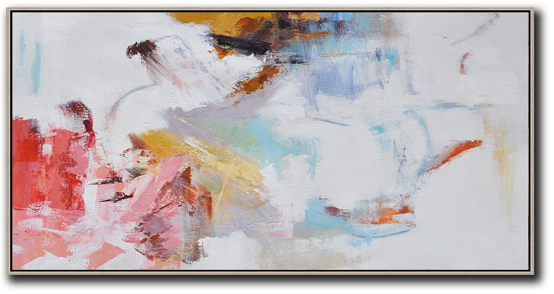 Handmade Painting Large Abstract Art,Hand Painted Panoramic Abstract Art On Canvas,Huge Abstract Canvas Art,White,Grey,Pink,Red,Earthy Yellow.etc